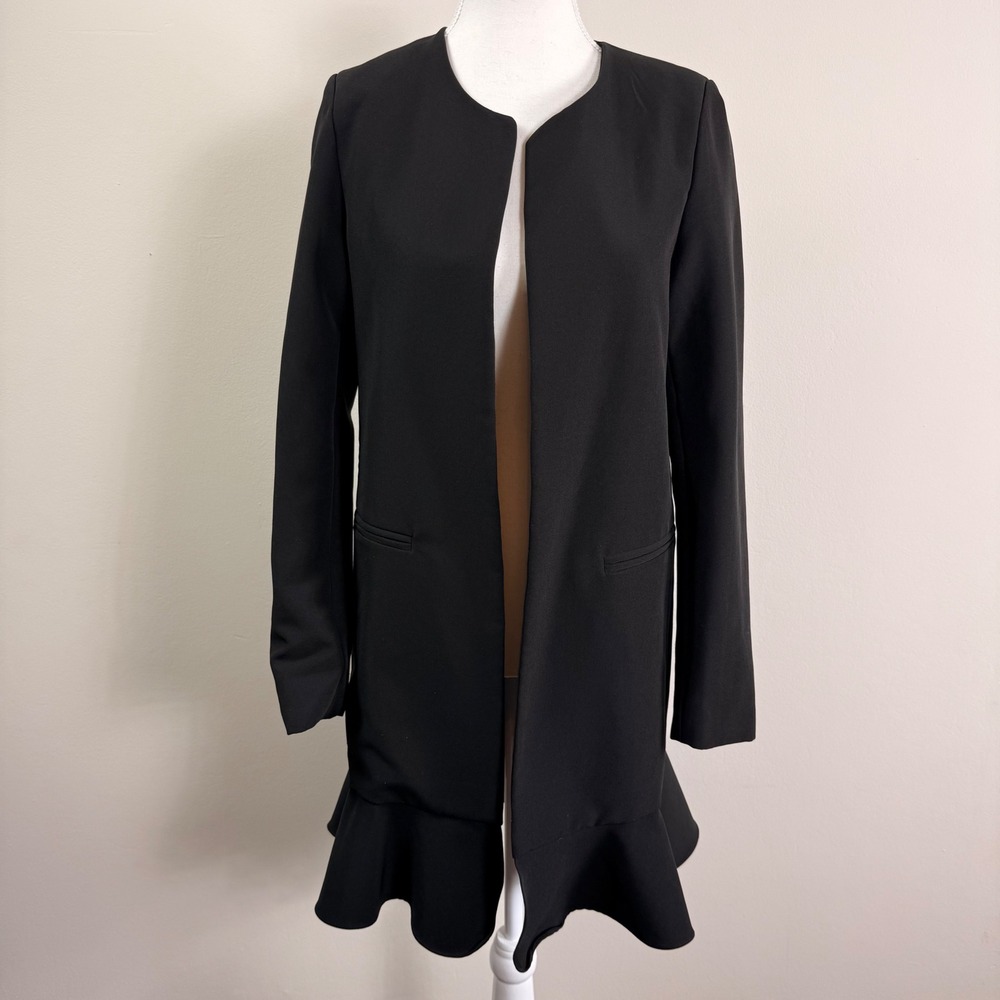 Lulus Womens Black Peplum Ruffle Hem Open Front Collarless Longline Blazer Small
